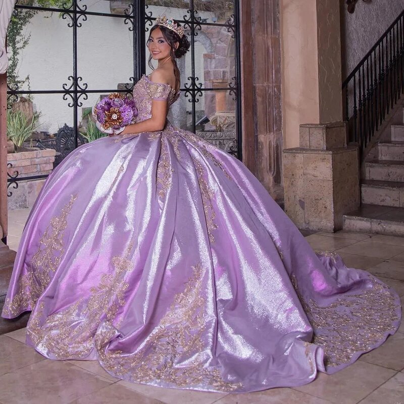Gaun putri ungu Quinceanera gaun pesta tanpa bahu applique berkilau manis 16 Gaun 15 AFO Meksiko