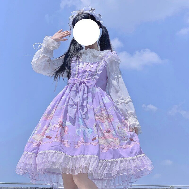 일본 귀여운 로리타 Jsk 원피스 여성 귀여운 만화 Jsk 파티 민소매 스트랩 드레스, 여성스러운 귀여운 레이스 활 공주 드레스