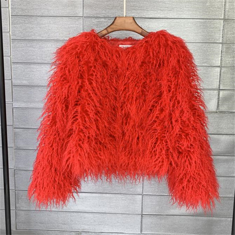 Mantel Bulu Wanita Imitasi Hangat Warna-warni Mantel Bulu Longgar Hitam Putih Merah Muda Jaket Bulu Pakaian Luar Berbulu Musim Gugur Musim Dingin