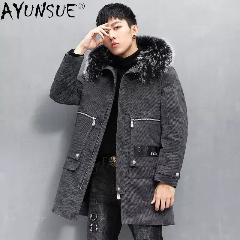 AYUNSUE Men's Winter Coat Mens Parkas Rabbit Fur Lining Coats Mid-length Warm Casual Male Hooded Fur Jacket Jaqueta Masculina Lq