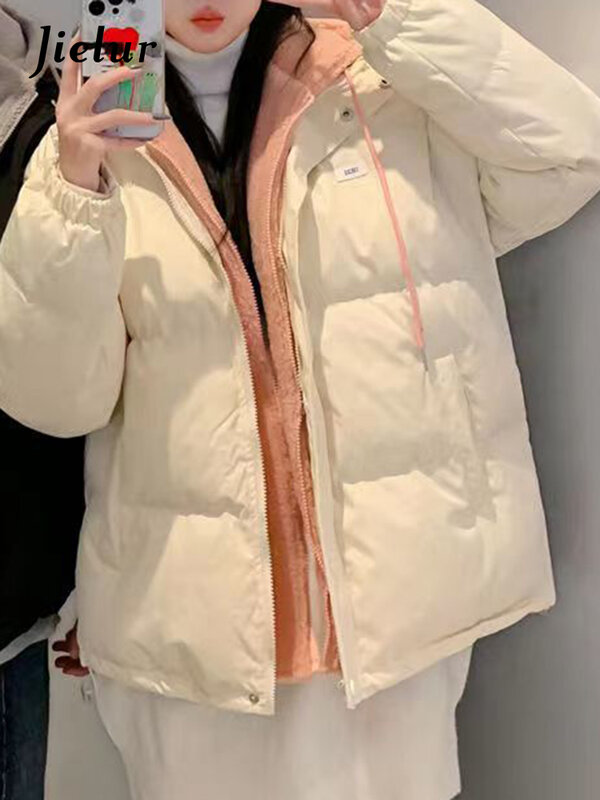 Jielur-parka gruesa y cálida con capucha para mujer, parka holgada coreana con cordón, básica, sencilla e informal, Color de contraste, novedad de invierno