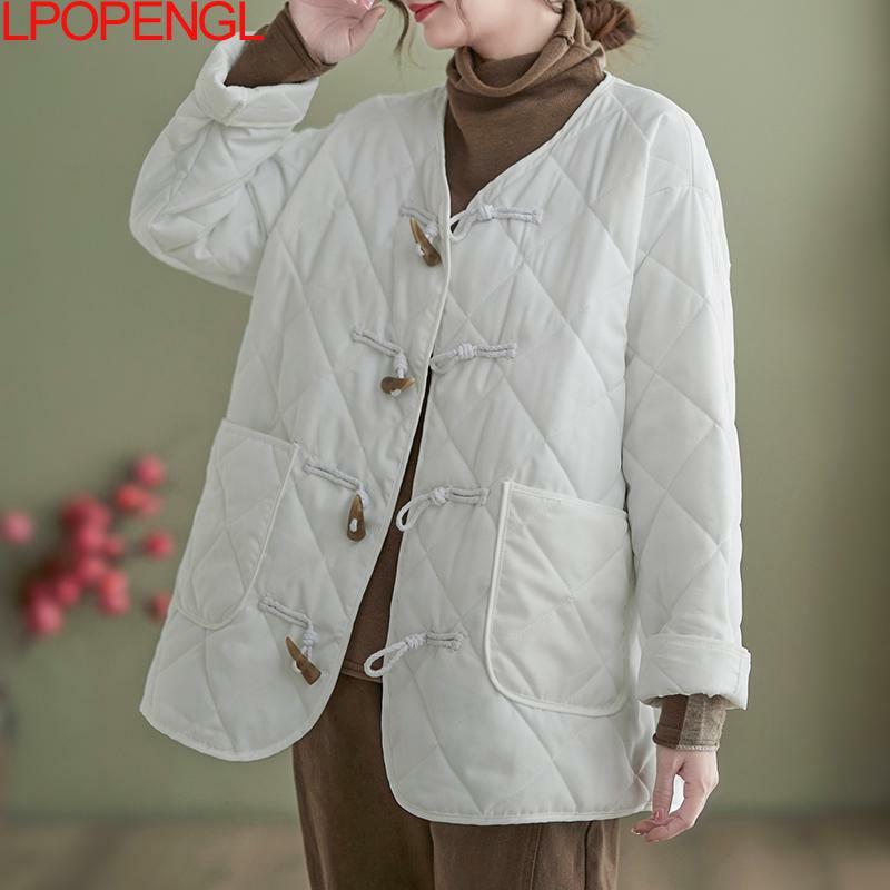 여성 캐주얼 긴팔 혼 버클 싱글 브레스트 코튼 재킷, 루즈한 단색, 한국 패션, 2023 가을 겨울