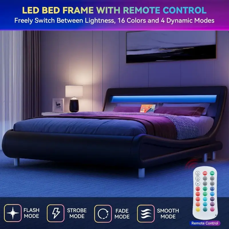 Эргономичная оправа для кровати, оправа для кровати со светодиодной подсветкой и зарядной станцией, оправа для кровати из высококачественной искусственной кожи на платформе