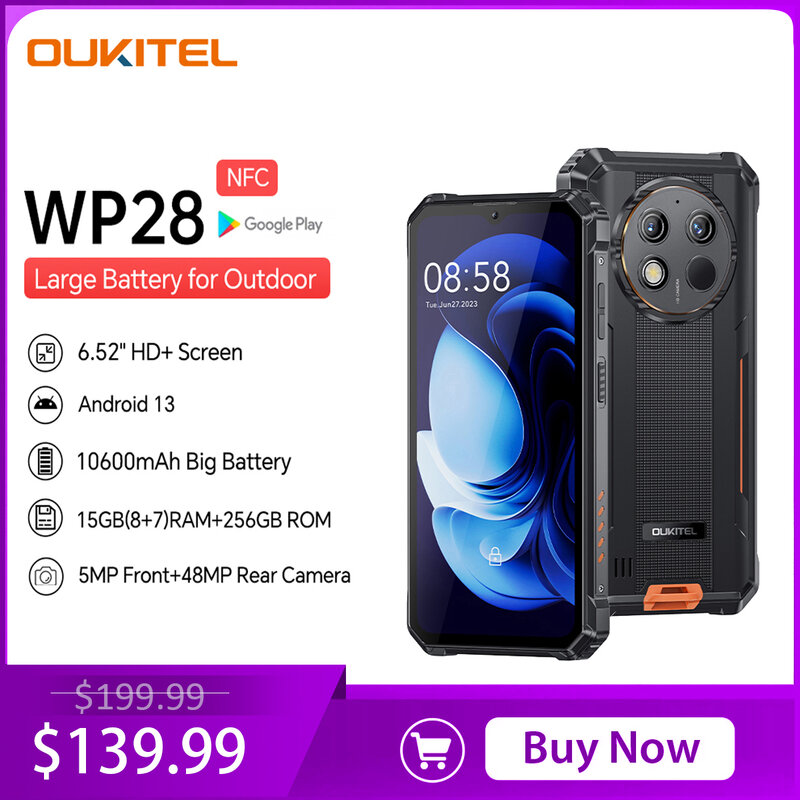 Ponsel pintar Oukitel WP28, HP keras 6.52 ''HD + 10600mAh 8GB + 256GB Android13 48MP kamera