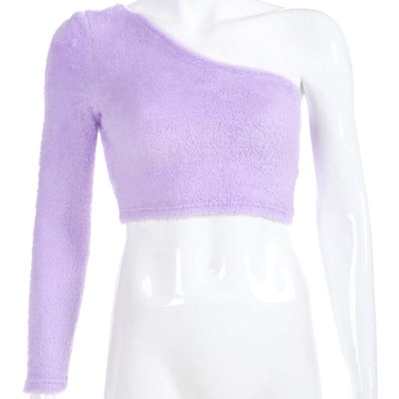 Sexy One Shoulder Sweater Tops For Women Asymmetrical T Shirt Purple Casual Long Sleeve Crop Top T-shirts