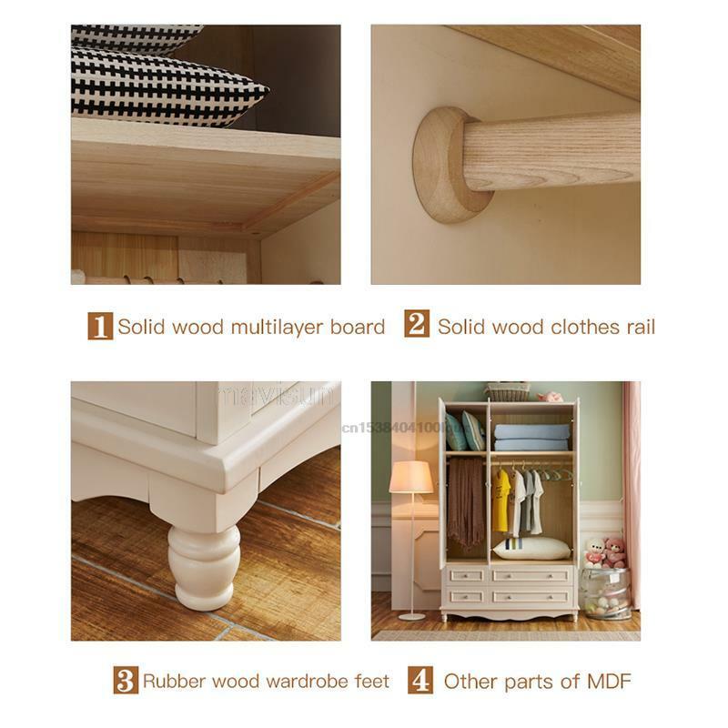 Armario de madera maciza para dormitorio, mueble de almacenamiento de estilo coreano con cajones, tres puertas, color blanco, para el hogar