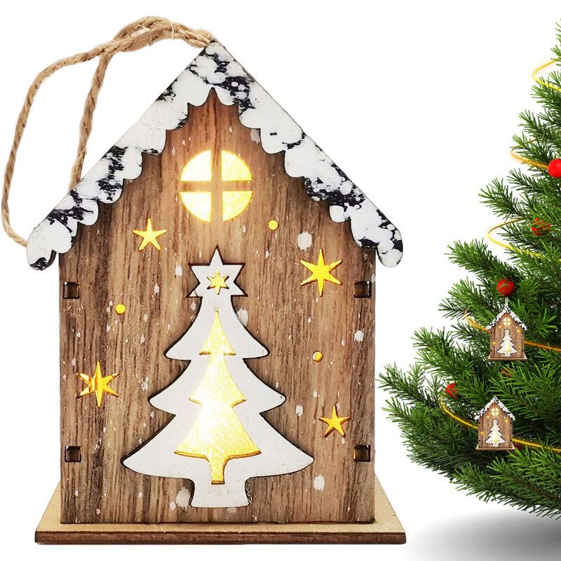Wood Christmas House Ornaments Mini Luminous House Decoration Christmas Pendant Battery Powered For Christmas Tree Desktop Decor