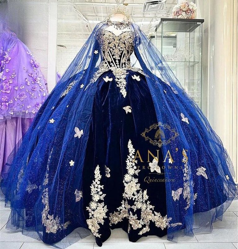 로얄 블루 퀸시네라 드레스, 볼 가운, 연인 벨벳 아플리케, 달콤한 16 드레스, 15 아뇨 멕시코