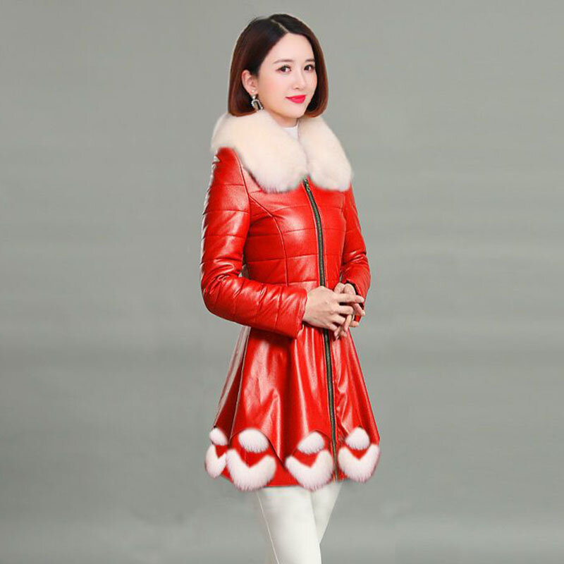 Новинка 2023, модное приталенное меховое пальто из кожи, женское длинное зимнее приталенное теплое пальто с воротником из искусственного лисьего меха