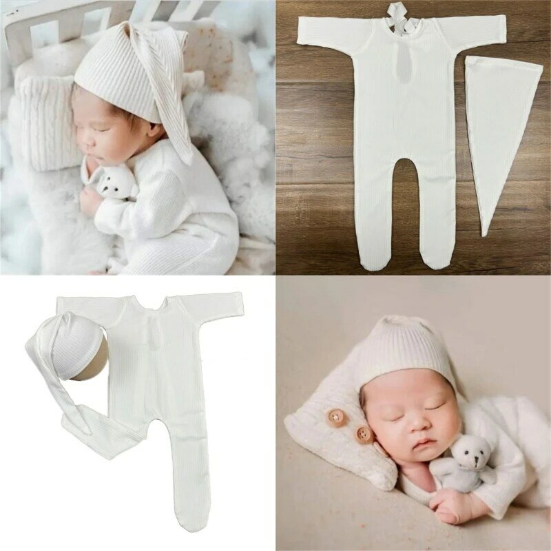 Pasgeboren Photoshooting Props Outfit Beanie Footed Jumpsuit Baby Photo Kostuum Set