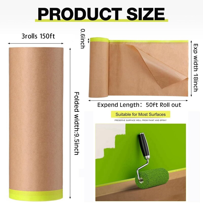 Pre-Taped Masking Paper For Painting, 3 Rolls 1 Size 50 Feet Tape Paint Masking Paper Rolls Painters Paper Durable 15Cm X 15M