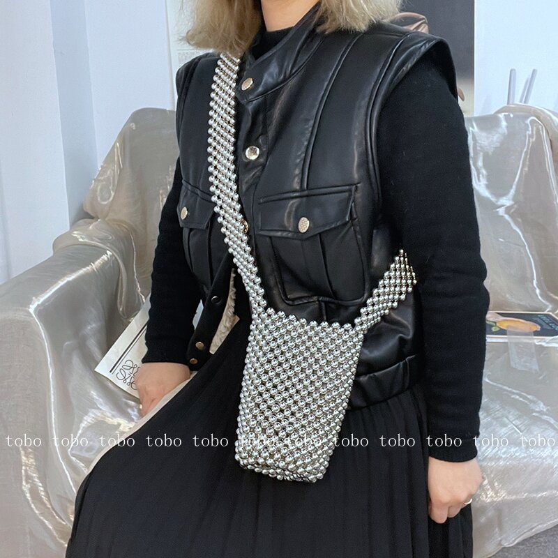 シルバービーズの女性用手織りハンドバッグ,夏の色,豪華な,デザイナーギフト,ミニショルダーバッグ