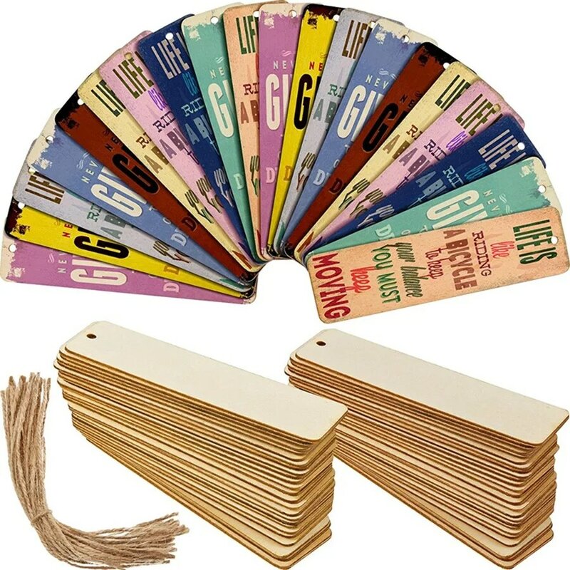 Marcapáginas de madera de 5 piezas, marcadores originales en blanco a granel, etiqueta sin terminar, adornos con agujeros y cuerdas, manualidades DIY