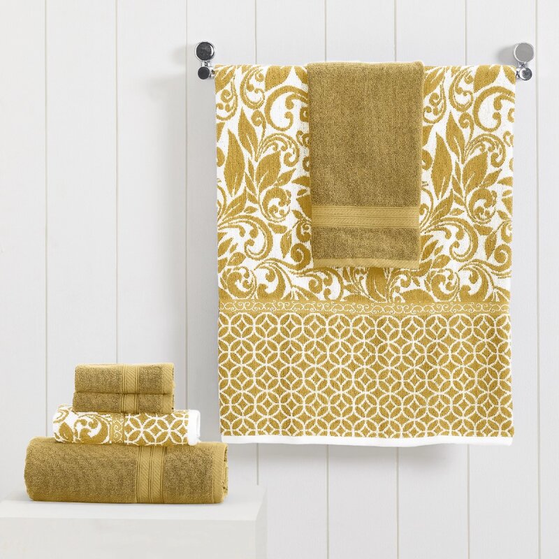 Set di asciugamani da bagno in cotone da 6 pezzi in filigrana di Trefoil, oro