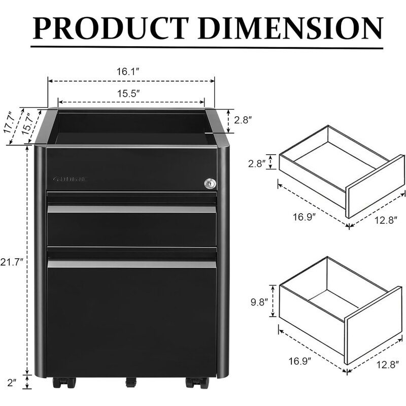 2 Drawer Mobile File Cabinet with Lock & Top Storage Shelf,  Anti-tilt Design Fully , Black freight free