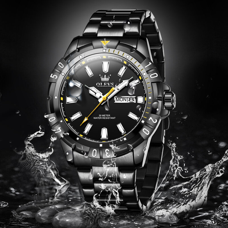 Olevs-メンズクラシックブラッククォーツ時計、ステンレススチール、防水、発光、週、日、スポーツ腕時計