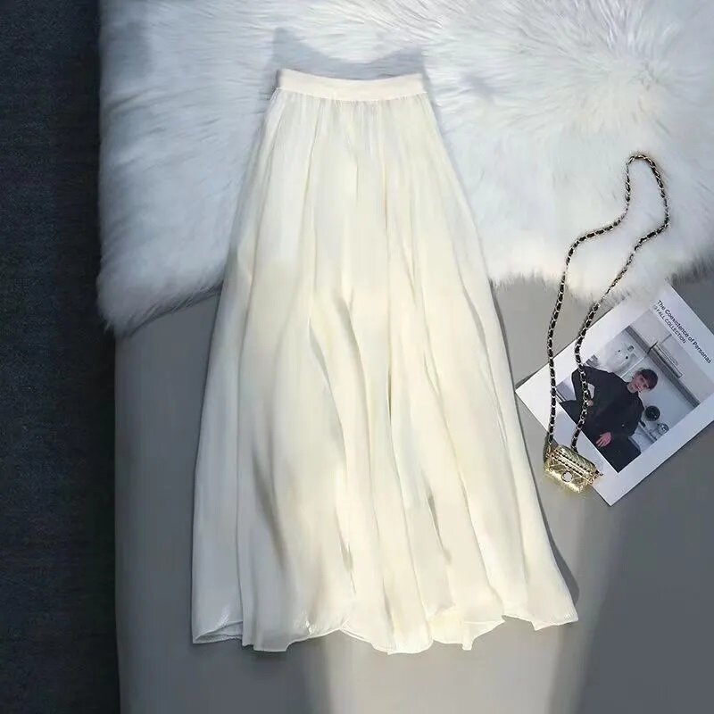 Женская шифоновая юбка с высокой талией, белая длинная юбка в пол с оборками, лето 2024