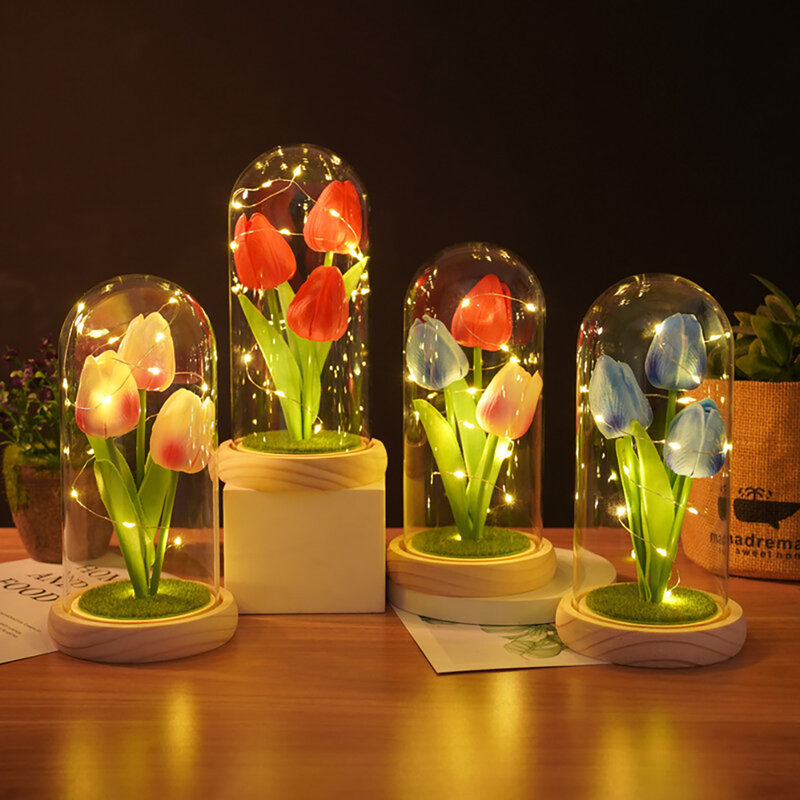 Veilleuse tulipe avec couvercle en verre pour petite amie, cadeau de simulation PU, décoration créative, cadeau de fête de Leon