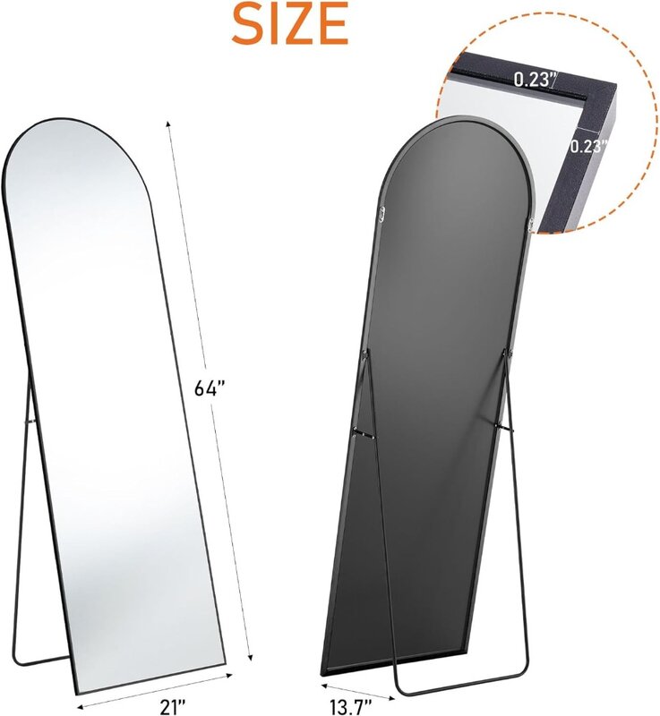 OLIXIS 침실용 아치형 전체 길이 거울, 스탠드가 있는 전신 거울, 벽걸이 또는 기대기, 알루미늄 합금, 64 인치 x 21 인치