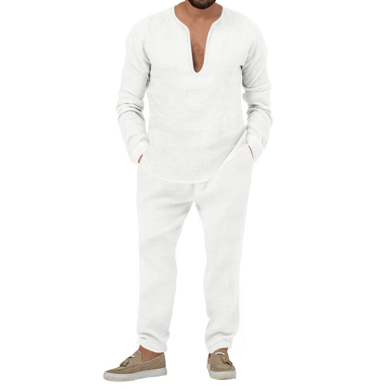 2023 lato nowy męski Top jednolity kolor luźna koszulka z długim rękawem koszula spodnie garnitur dla mężczyzn