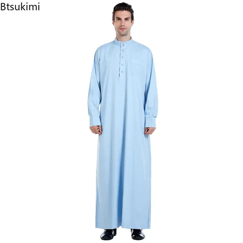 Muslim Middle East Men's Long Sleeves Ramada Robe Arab Crew Neck Islamic Solid Color Kaftan Thawb Maxi-Muslim Dubai Long Abaya