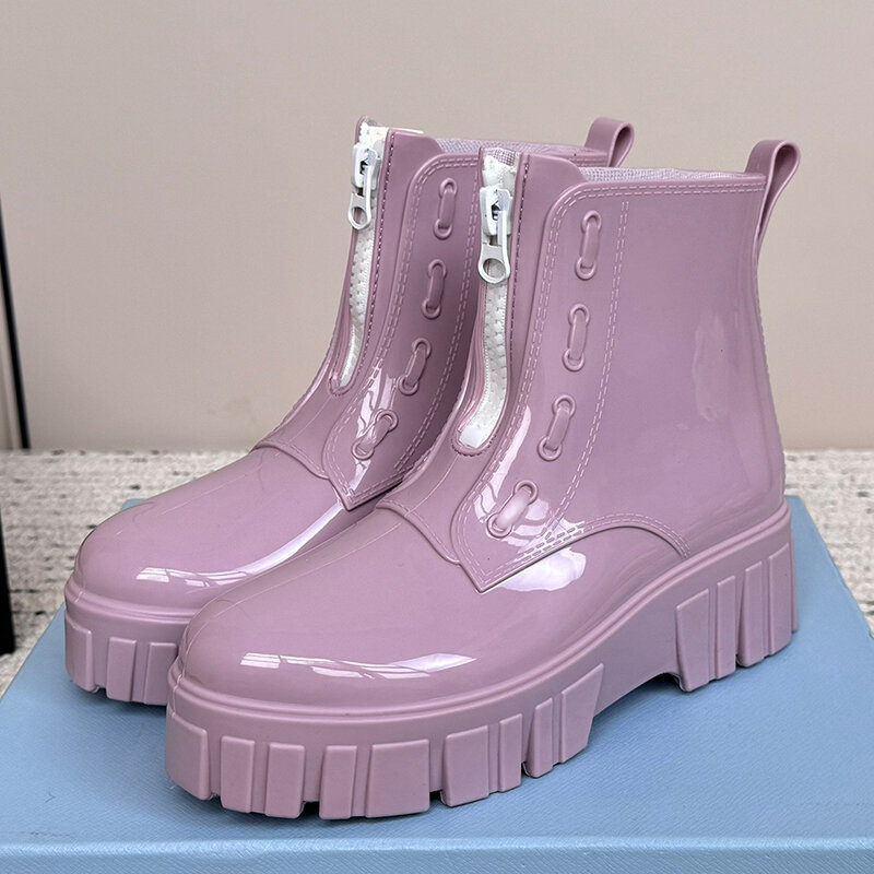 2024 New Women's Rain Boots Summer Candy Colors Upper Waterproof Ankle Boots Front Zipper Design Thick Bottom Ladies Shoes