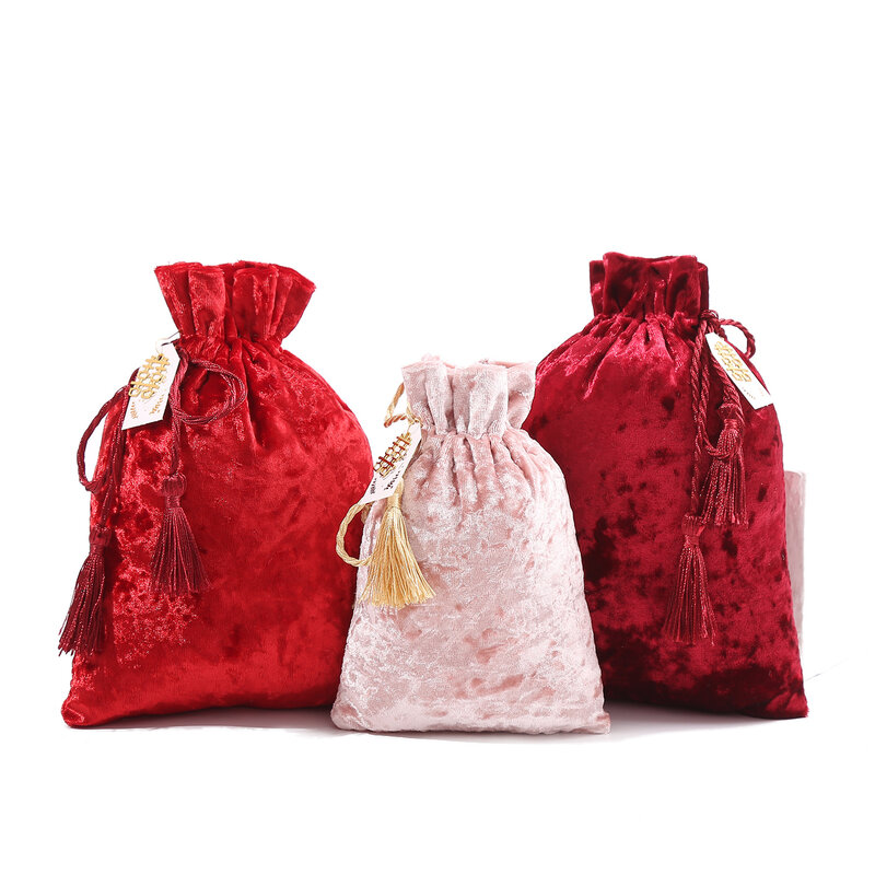 20pcs / lot de haute qualité diamant velours sac avec carte perles Noël cadeau de mariage cordon pochette anti - poussière Fringe sac