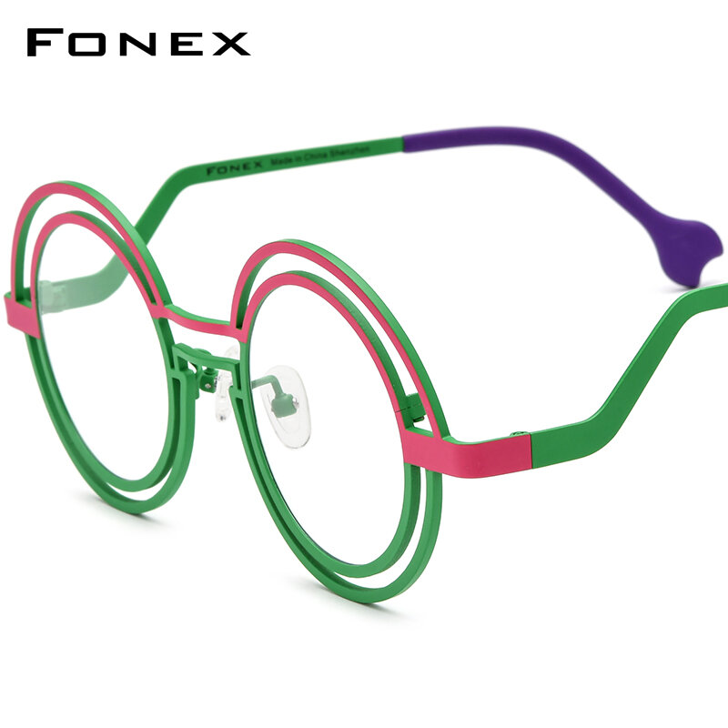 FONEX-Pure Titanium óculos redondos para homens e mulheres, óculos coloridos, óculos retro, novo, F85823, 2024