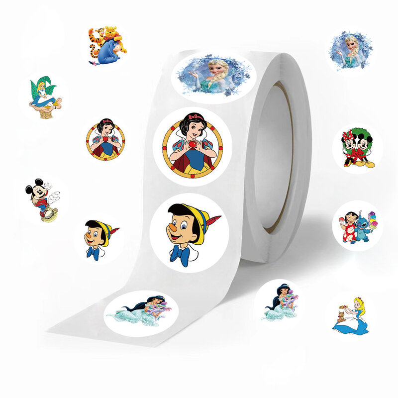 Stiker penyegel Anime Disney campur 500 buah/rol, stiker Stitch lucu salju putih Mickey Mouse kartun, stiker telepon koper Laptop