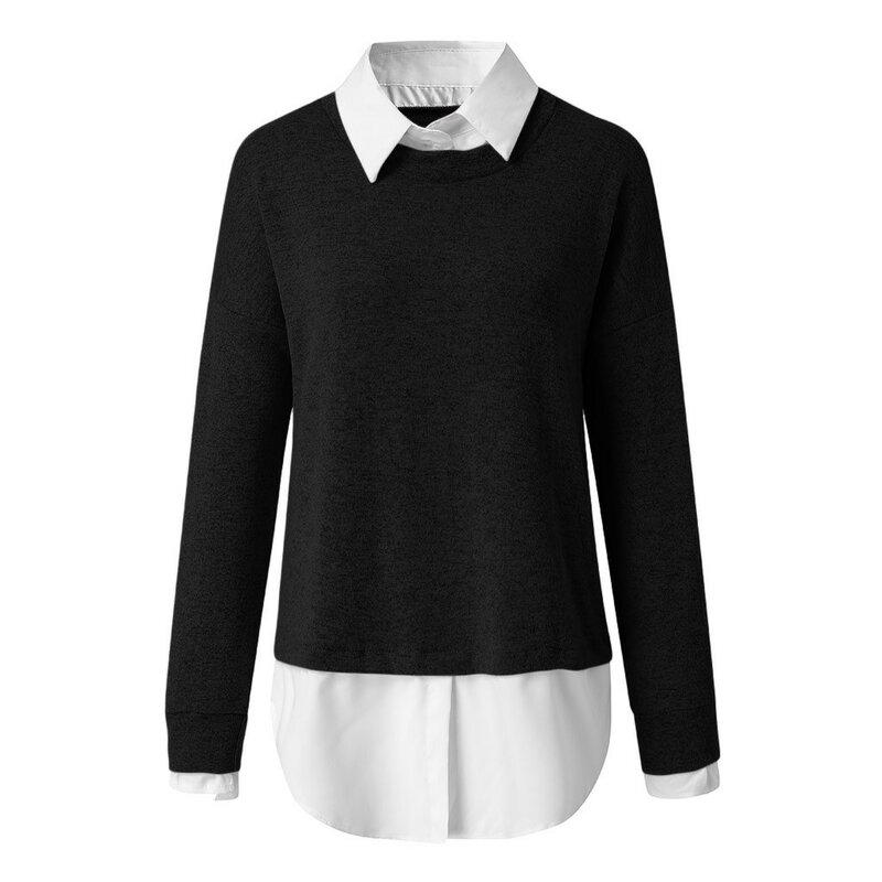 Women Shirt Collar Fake Two-piece Splicing Jumper 2023 Autumn New Long Sleeves Pullover Knitted Sweater Female Winter Warm Tops