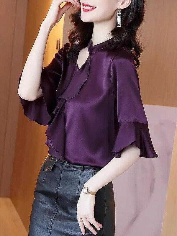 OL style women sexy lotus leaf half sleeves ice silk shirt Spring Summer elegant hollow out Ruffled acetate satin blouse tops