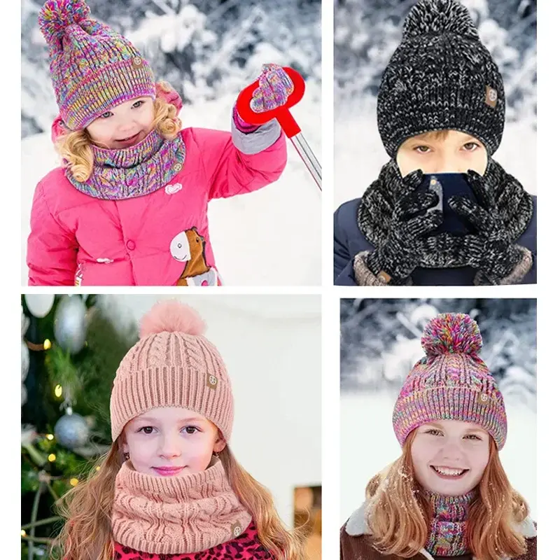 3pcs Winter Hat Sets for Children Beanies Snood Gloves Kids Gilr Boy Winter Cap Thick Plush Lining Cute Pompom