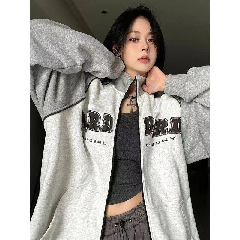 American Women Zip felpa giacca colletto alla coreana lettera a maniche lunghe stampata top larghi moda Casual Basics Streetwear femminile