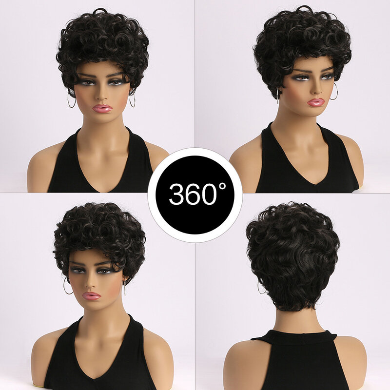 Pelucas negras rizadas cortas sintéticas, corte Pixie, cabello brasileño Remy para mujeres, Afro, uso diario