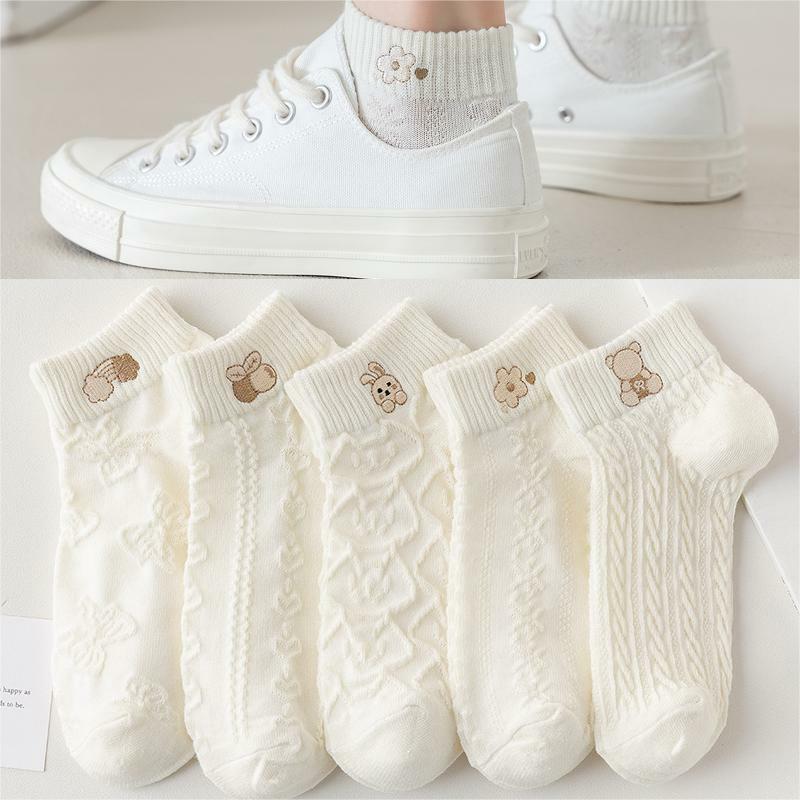 Chaussettes courtes blanches de dessin animé japonais pour femmes, chaussettes de marée assorties, chaussettes de sport d'automne, document solide, 5 paires