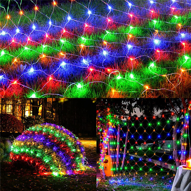 3X2M 2X2M LED Lampu Tali Tirai Peri Natal Luar Ruangan 8 Mode Jaring Ikan Lampu Taman Garland untuk Dekorasi Pesta Pernikahan
