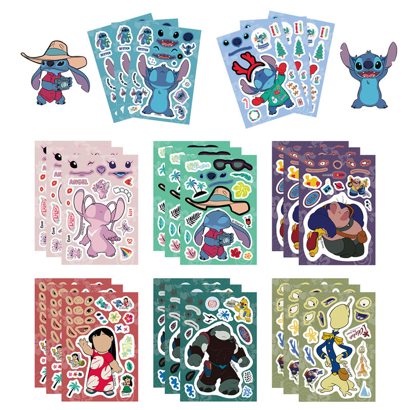 Disney Stitch Stickers Make A Face, puzle de dibujos animados, Anime, juguetes de bricolaje para niños, rompecabezas de ensamblaje divertido para niños y niñas, 8 hojas