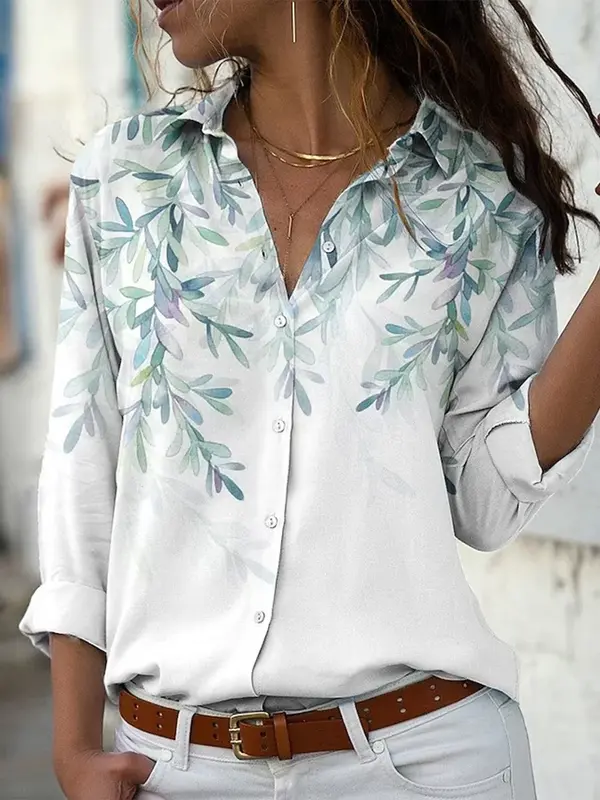 Camisa casual de manga comprida feminina, camisa floral elegante, camisa de lapela grande solta, nova, 2024