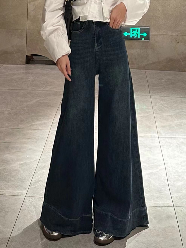 Джинсы с завышенной талией и широкими штанинами, облегающие Женские брюки в стиле ретро с эффектом потертости, новинка весны 2024, модные брюки большого размера в Корейском стиле для пола
