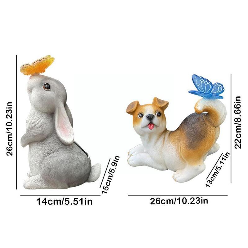 Resin Unique Solar-Powered Rabbit Puppy Statue with LED Light Waterproof Butterfly Puppy Figurine Non-Fading for Household H1E1