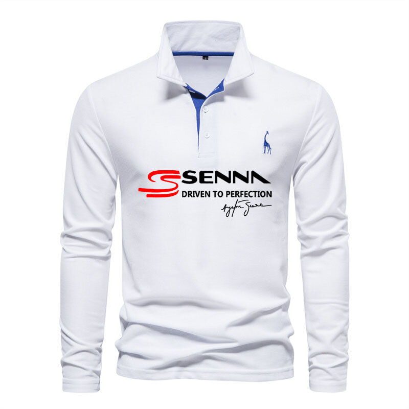 Camisa polo de algodão manga longa masculina, blusa de golfe respirável, casual, Ayrton Senna, moda, verão