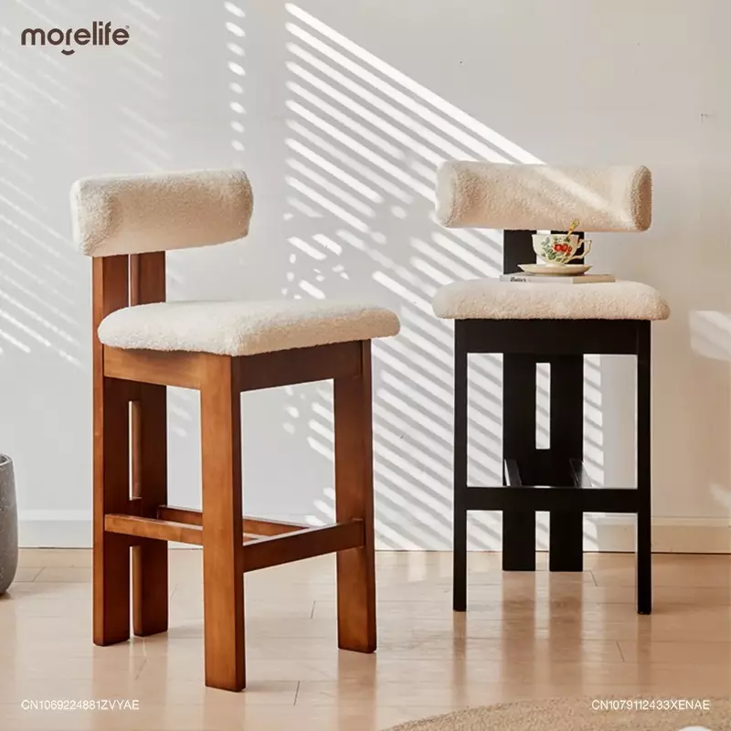 Nordic Retro Medieval Bar Chairs Home Usage Style Lamb Plush Soft Bag Backrest High Legged Stools Leisure Solid Wood Bar Chair