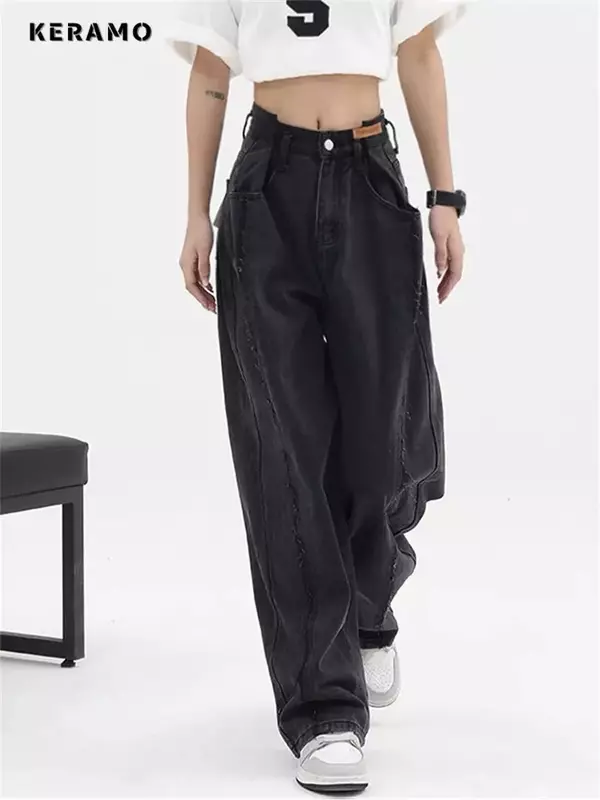 2024 Vrouwen Baggy Lange Jeans Harajuku Zwarte Wijde Pijpen Streetwear Vintage Hoge Taille Denim Broek Grote Zak Y 2K Feamle