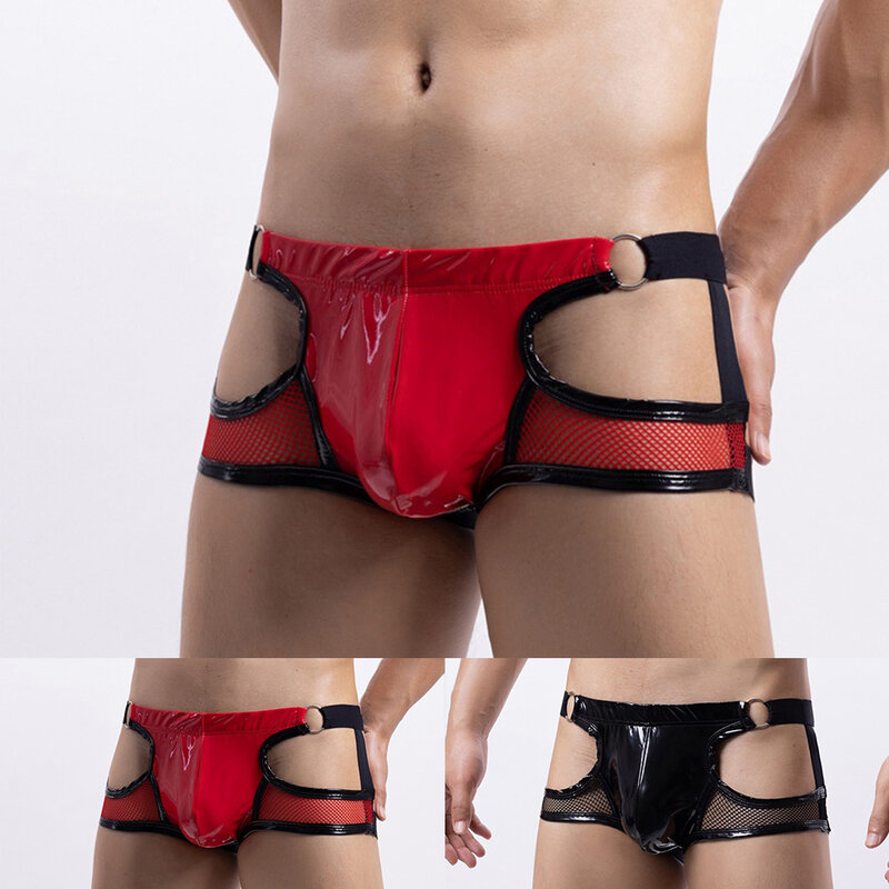 Heiße personal isierte Herren aushöhlen Kunstleder konvexe Tasche Tanga Wet-Look Slips atmungsaktive Tasche G-String männliche Unterwäsche