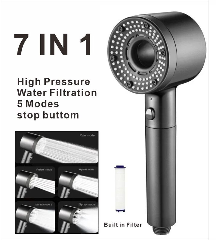 7 IN 1 Shower Head 5 Modes Adjustable High Pressure Water Saving Massage Portable Filter Shower Hook Hose Bathroom Accessories
