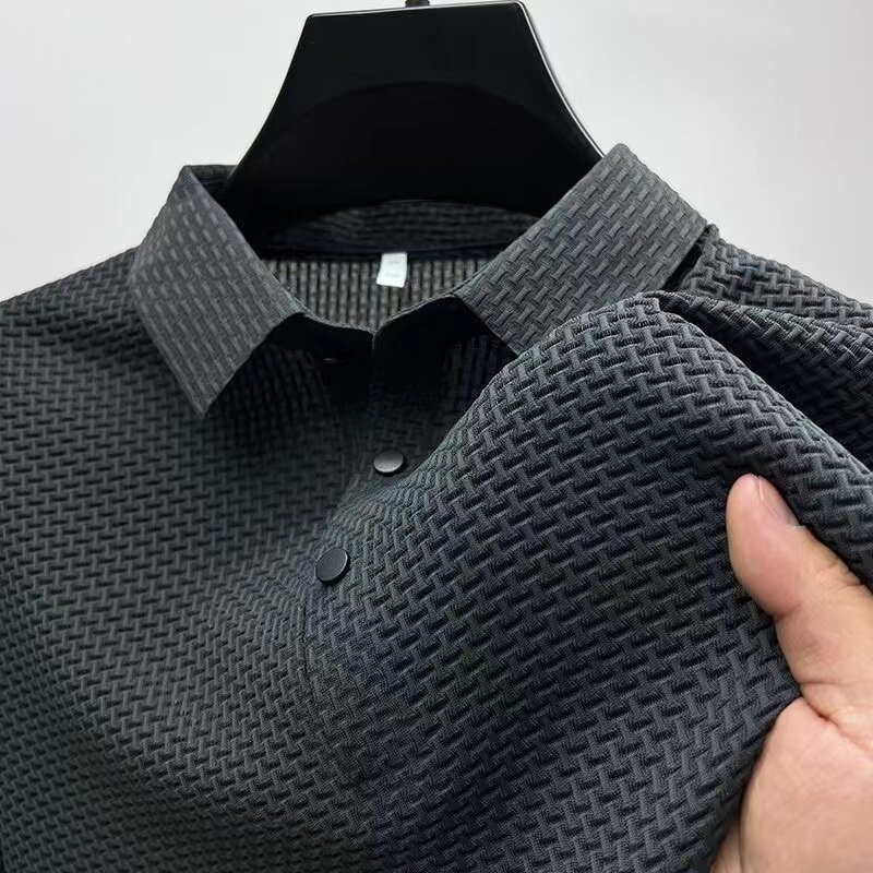 Summer New Men's Ice Silk Traceless Polo Shirt Elastic Non ironing Business Casual Flip Collar Quick Drying Solid Color T-shirt