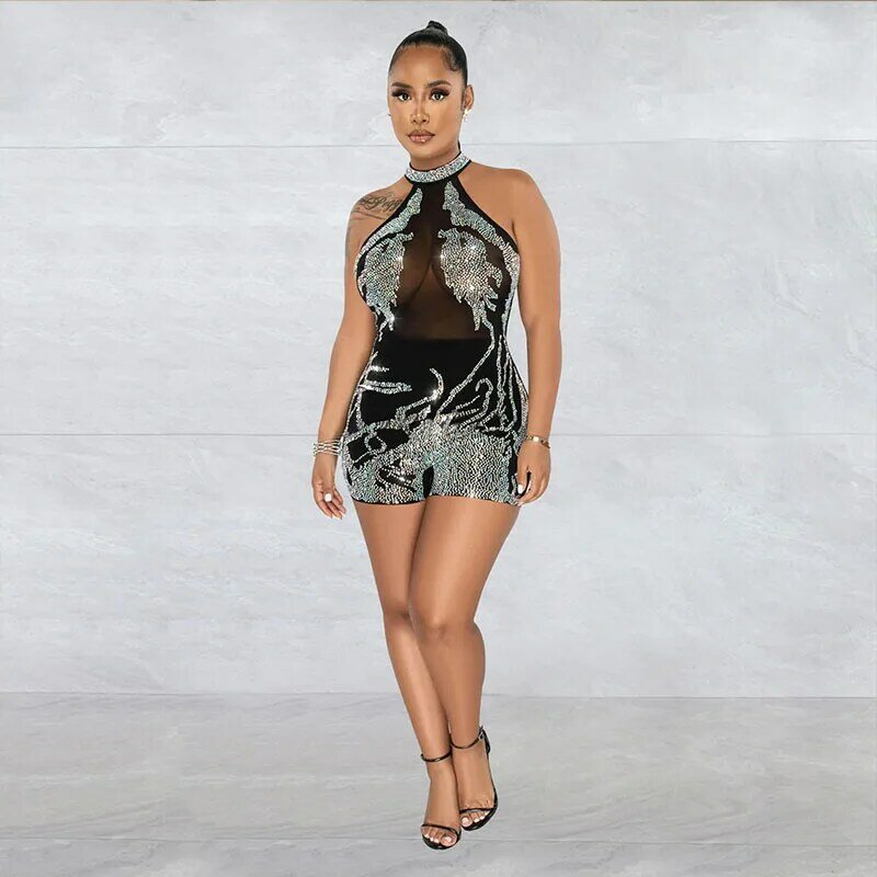 Sexy Strass See Through Mesh Playsuit Vrouwen Romper Night Club Outfit Party Mouwloze Bodycon Jumpsuit Shorts Bodysuit 2023