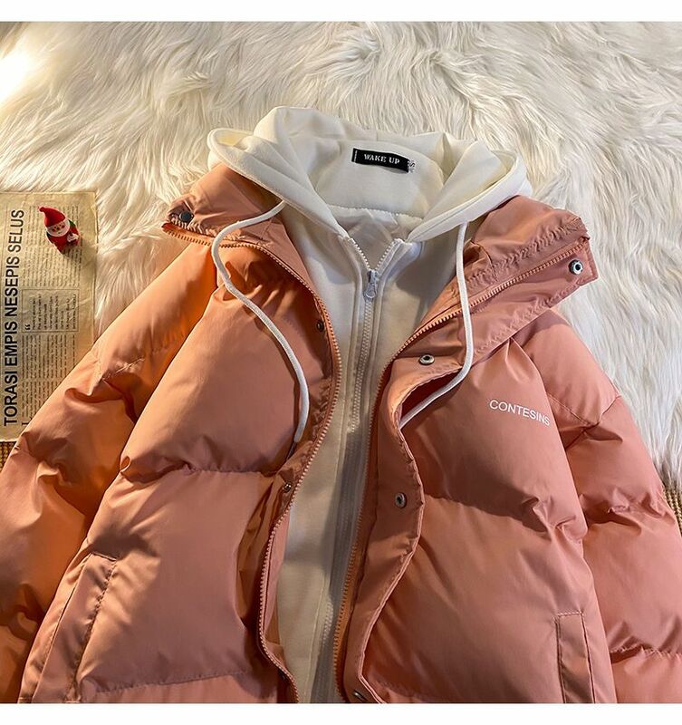 Pakaian Katun Santai Musim Dingin Wanita Y2K Multi-fungsional Palsu Dua Saku Ritsleting Jaket Mantel Tebal Versi Korea Musim Dingin Baru