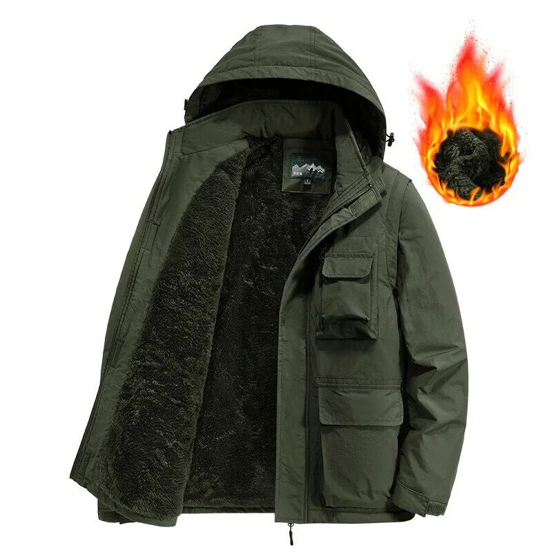 Men Multi Pockets Outdoor Jackets Hooded Casual Winter Warm Parkas Fleece Down Jackets New Male Military Jackets Men's Clothing