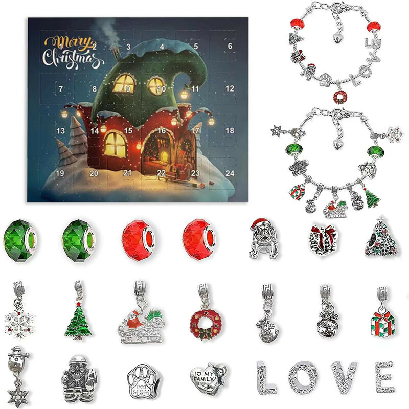 Kalender kedatangan Natal Anak perempuan Diy alat pembuatan gelang untuk anak-anak dewasa 24-hari Kalender Hitung Mundur natal hadiah perhiasan